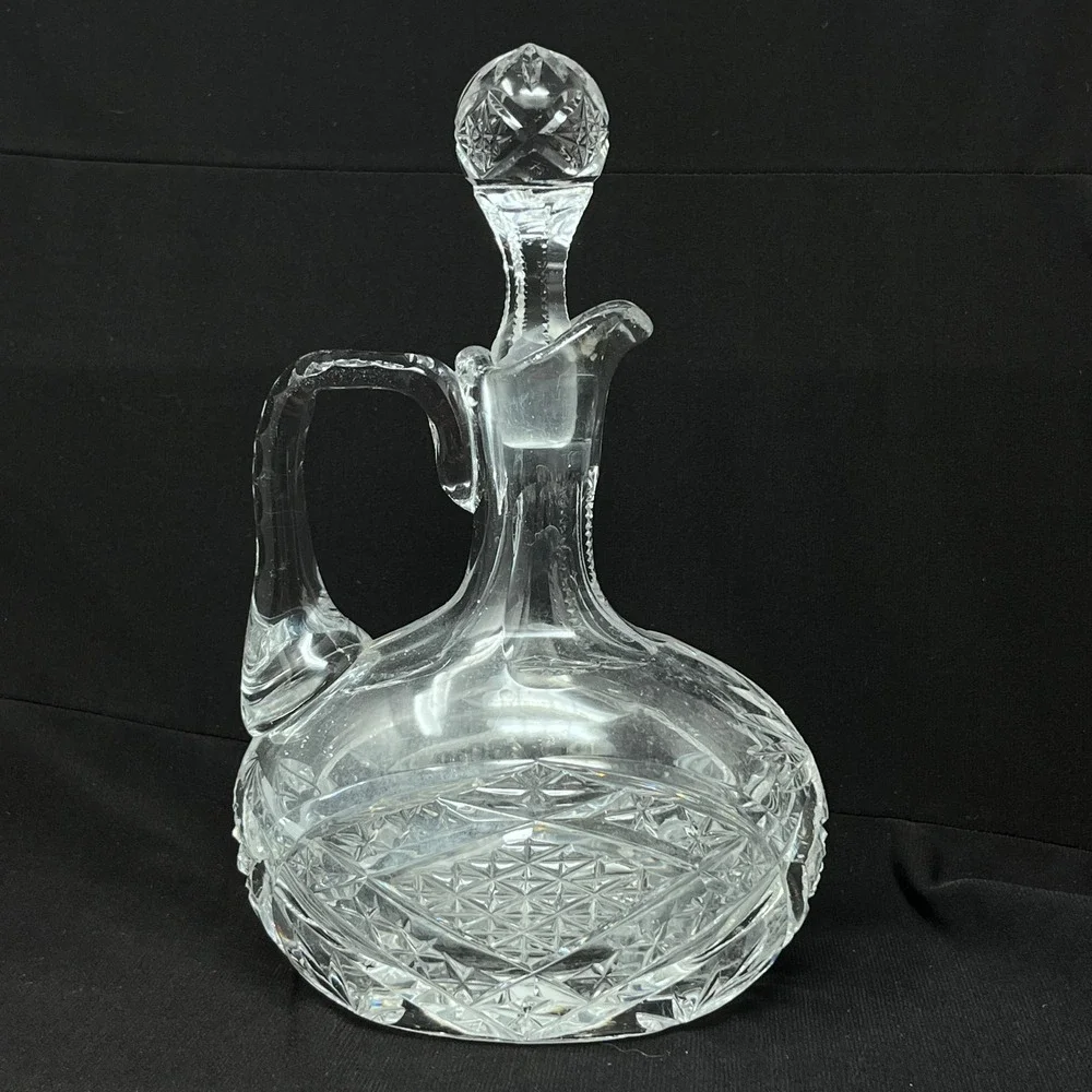 Vintage Cut Glass Handled Cruet‎ Decanter with Stopper Starburst Diamond Pattern